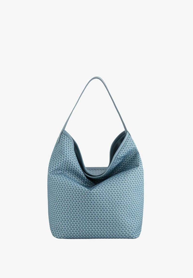 Blue textured handbag with a curved design and a single shoulder strap. Features a distinctive, slouchy silhouette and subtle perforations.