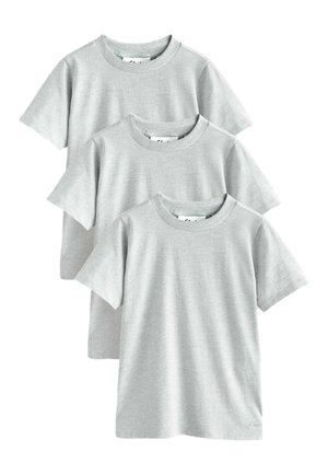 Drei schlichte hellgraue T-Shirts mit kurzen Ärmeln und Rundhalsausschnitt gestapelt, Vorderansicht mit dezenten gerippten Kragen- und Saumdetails.