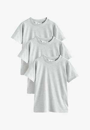 Tre magliette semplici grigio chiaro a maniche corte con scollo tondo impilate, vista frontale con sottili dettagli a coste su collo e orlo.