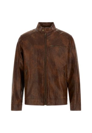Brown leather jacket with a stand collar, front zipper closure, and two side pockets. Features a chest pocket with zipper. Smooth texture.