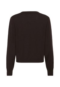 Pull marron foncé à manches longues avec un col rond et des poignets côtelés, présenté de dos sur fond blanc.