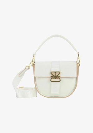 Weiße Lederhandtasche mit runder Form, goldener Hardware und Klappenverschluss. Enthält einen abnehmbaren Gurt mit Logo.