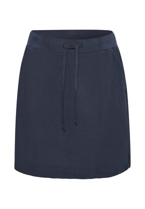 Jupe décontractée bleu marine avec taille à lien coulissant et poches latérales, ourlet droit avec petite fente sur le côté.