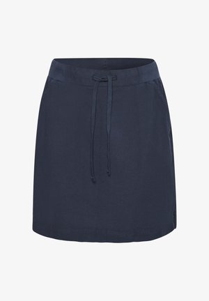 Jupe décontractée bleu marine avec taille à lien coulissant et poches latérales, ourlet droit avec petite fente sur le côté.