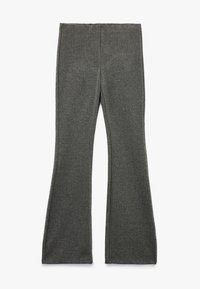 Flared grijze broek in een gebreide textuurstof, met een hoge taille en verticale ribbeldetails, een gladde afwerking en brede pijpen.