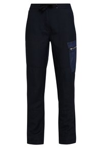 Mörkblå byxor i ett lätt material, med midja som kan justeras med snörning och en sidoficka med en kontrasterande denimdetalj.