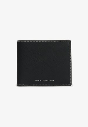 Portefeuille bi-fold en cuir noir texturé avec couture blanche et petit logo Tommy Hilfiger centré à l'avant.