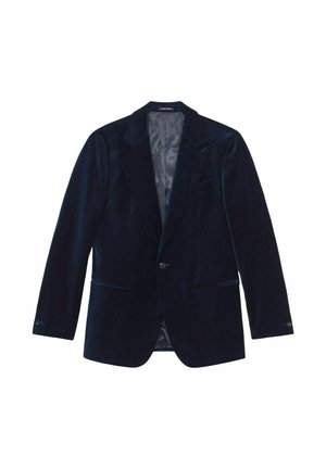 Mornjačka plava samta jakna s revere izrezom, zatvaranjem na jedan gumb, s dva prednja džepa i satenskom podstavom. Tekstuirana tkanina s glatkom završnom obradom.