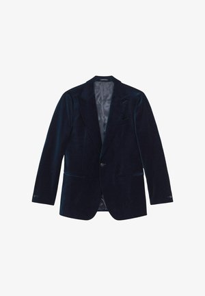 Mornjačka plava samta jakna s revere izrezom, zatvaranjem na jedan gumb, s dva prednja džepa i satenskom podstavom. Tekstuirana tkanina s glatkom završnom obradom.