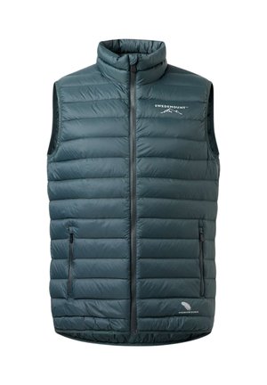 Donkergroene gewatteerde mouwloze bodywarmer met ritssluiting aan de voorkant, twee ritssluitingen en Swedemount-logo op borst en zoom.