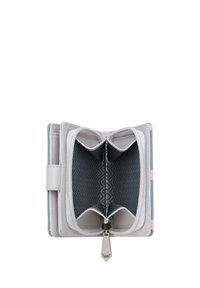 Compact wallet with a soft, light gray exterior. Interior features dark zigzag-patterned lining and dual compartments. Silver zipper pull tab.