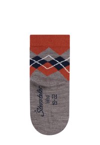 Grau wollene Socke mit orangefarbenem Bündchen und Argyle-Muster in orange, marineblau und weiß, mit "Sterntaler Wool"-Text und Größe 19-22.