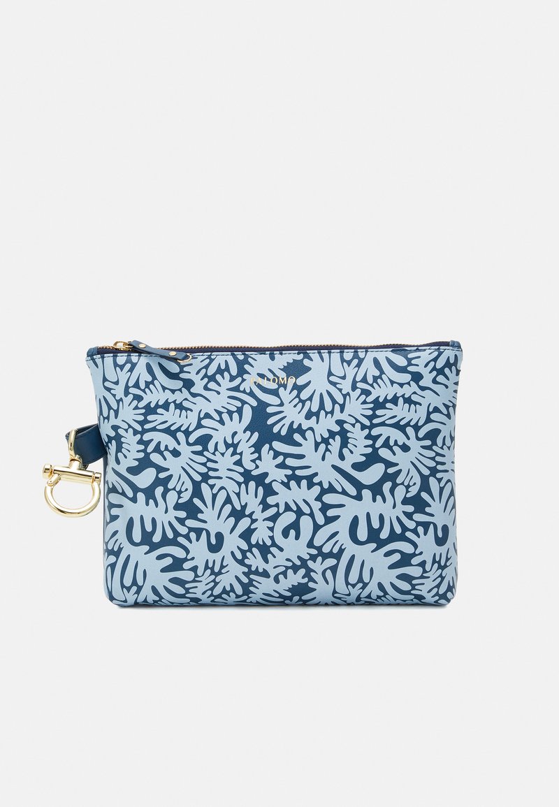 Blue and light blue patterned pouch made of durable material, featuring a zipper closure and a gold hardware accent on the side.