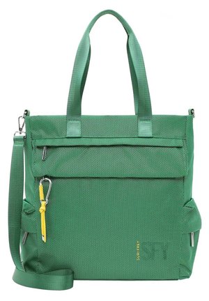 Green textured tote bag with two handles, detachable shoulder strap, front zip pocket, and small yellow carabiner clip.