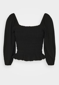 Černá blůza se čtvercovým výstřihem, nařaseným živůtkem, dlouhými rukávy a řaseným lemem. Vyrobena z měkké látky s texturovanými vzory.