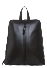 Sac à dos en cuir noir au texture lisse, avec une fermeture éclair centrale, deux poignées supérieures et un design minimaliste.