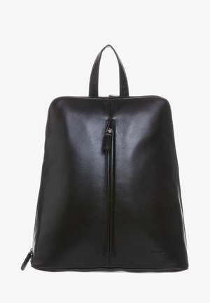 Black leather backpack with a smooth texture, featuring a central zipper, two top handles, and a minimalistic design.