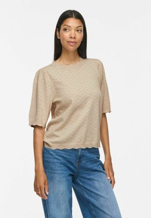 VILA, KNITTED TOP VIEMI SHORT SLEEVED - T-shirt imprimé - super light natural mel