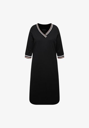 Černé šaty vyrobené z měkké tkaniny, s výstřihem do V, 3/4 rukávy s pruhovanými akcenty v růžové, bílé a černé. Pohodlný, volný střih.