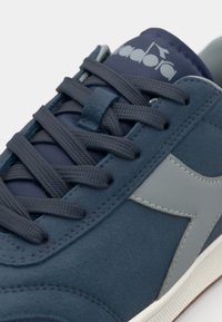Blue suede sneaker with grey accents and a rubber sole, featuring a lace-up design and logo on the tongue. Textured upper for grip.