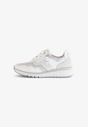 Lightweight sneaker with a mix of white leather and gray suede. Features a mesh panel, round toe, and lace-up design with side zipper.
