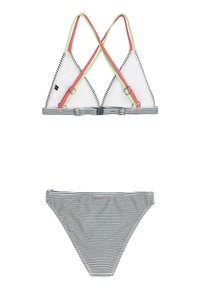 Bikini set raidoitui joka sisältää valkoisen kolmionmuotoisen yläosan, jossa on värikkäät hihnat ja säädettävä varuste, sekä yhteensopivat raidoitetut alaosat.