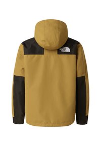 Hættejakke til udendørsbrug i sennepsgul og sort med "The North Face"-logo på øverste ryg, set bagfra.