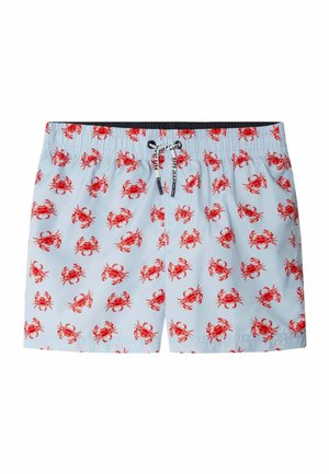 Bañador corto azul claro con estampado de cangrejos rojos y cordón negro y blanco en la cintura elástica.