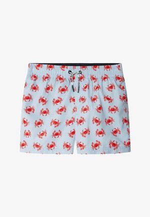 Bañador corto azul claro con estampado de cangrejos rojos y cordón negro y blanco en la cintura elástica.