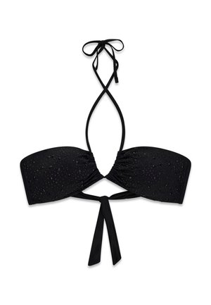 Schwarzes Bikinioberteil mit Neckholder und Bindebändern am Rücken, verziert mit kleinen strukturierten Punkten auf dem Stoff.