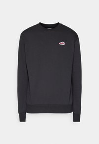 Svart sweatshirt i mjuk bomull, med rund halsringning och ribbade ärmslut; har en liten, färgglad logotyp på bröstet.