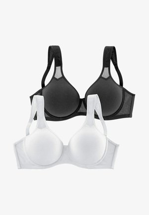 Black and white bras with smooth, molded cups, adjustable straps, and a seamless design. Soft fabric with contrast stitching details.