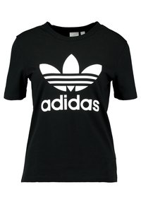 Schwarzes Baumwoll-T-Shirt mit kurzen Ärmeln, das ein großes weißes Adidas-Logo mit drei Streifen darüber zeigt. Runder Ausschnitt, lockere Passform.