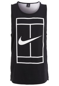 Canotta nera Nike con grande logo bianco, design rettangolare, tessuto leggero e scollatura rotonda con spacco laterale.