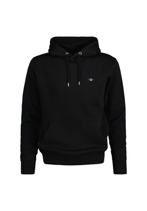 Schwarzer Hoodie aus weichem Stoff, mit einer Vordertasche, Kapuze mit Kordelzug und einem kleinen Logo auf der Brust. Gerippte Bündchen und Saum.