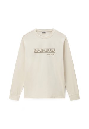 Maglietta crema a maniche lunghe con scollo rotondo, con logo ricamato beige "NAPAPIJRI est. 1987" centrato sul petto.