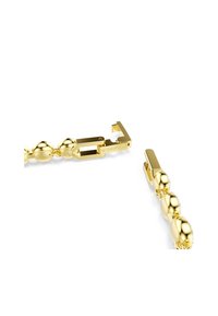 Armbanduhr in Goldoptik mit sphärischen Gliedern und einem rechteckigen Verschluss mit Markengravur. Glatte Oberfläche mit polierter Oberfläche.