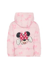 Giacca puffa rosa con grafica di Minnie Mouse sulla schiena e un fiocco rosso a pois. Decorata con motivi a fiocco rosa chiaro.