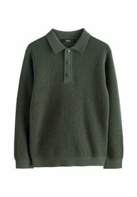 Pullover verde scuro con un design a maglia testurizzata, dotato di un colletto e una serie di tre grandi bottoni. Tessuto morbido e casual.