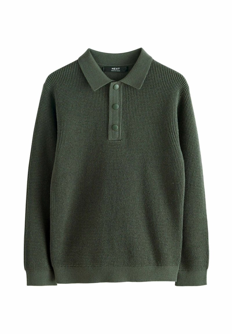 Pullover verde scuro con un design a maglia testurizzata, dotato di un colletto e una serie di tre grandi bottoni. Tessuto morbido e casual.