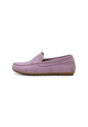 Lavender suede slip-on loafer with moccasin stitching and brown rubber sole, viewed from the side on a white background.