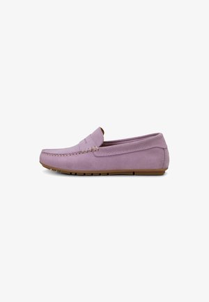 Lavender suede slip-on loafer with moccasin stitching and brown rubber sole, viewed from the side on a white background.