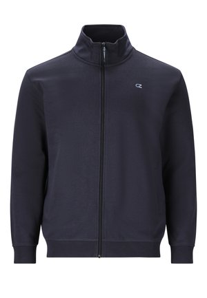 Veste zippée marine en tissu doux, avec un col haut, des poches latérales, des poignets côtelés et un petit logo sur la poitrine.