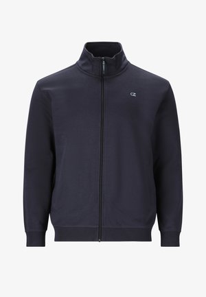 Marineblå zip-jakke lavet af blødt stof, med høj krave, sidelommer, ribbede manchetter og et lille logo på brystet.