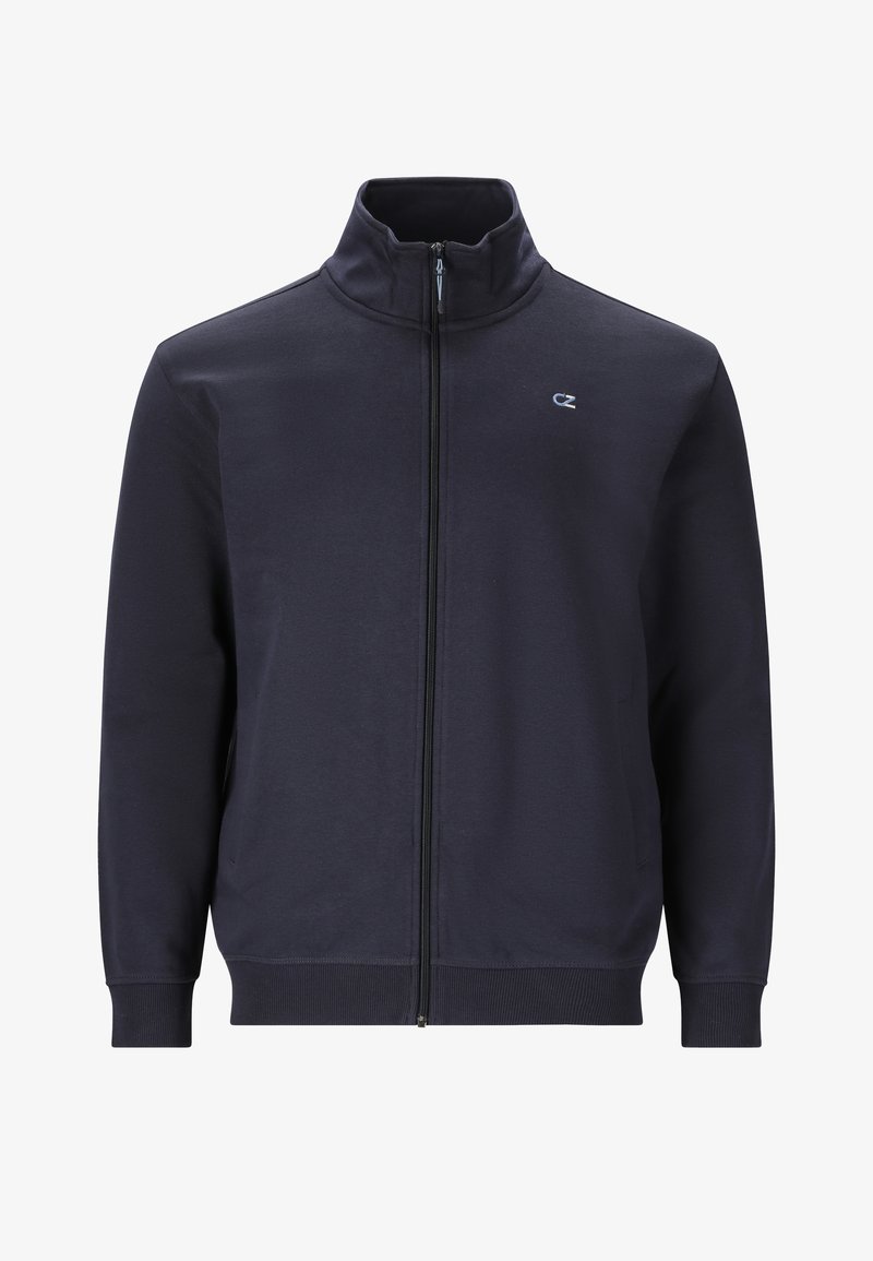 Veste zippée marine en tissu doux, avec un col haut, des poches latérales, des poignets côtelés et un petit logo sur la poitrine.