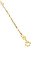 Goldplattierte Kettenhalskette mit kleinen Gliedern, einem Karabinerverschluss und einem runden Anhänger. Die glatte Oberfläche und der glänzende Finish betonen das Design.