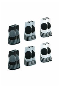 Six paires de chaussettes de cheville en noir, gris et blanc. Chaque chaussette présente un accent circulaire et des motifs rayés au niveau du bord.