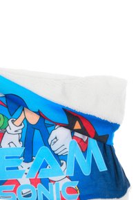 Niebieski koc z polaru z miękką białą bordiurą oraz kolorową grafiką z postaciami i napisem "TEAM SONIC" na dole.