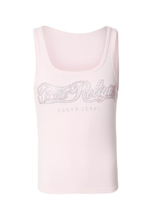Hellrosa Tanktop mit geripptem Stoff und einem glänzenden Strass-Print mit der Aufschrift "True Religion Brand Jeans". U-Boot-Ausschnitt, ärmellos.