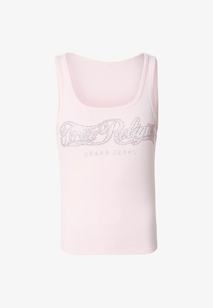 Hellrosa Tanktop mit geripptem Stoff und einem glänzenden Strass-Print mit der Aufschrift "True Religion Brand Jeans". U-Boot-Ausschnitt, ärmellos.
